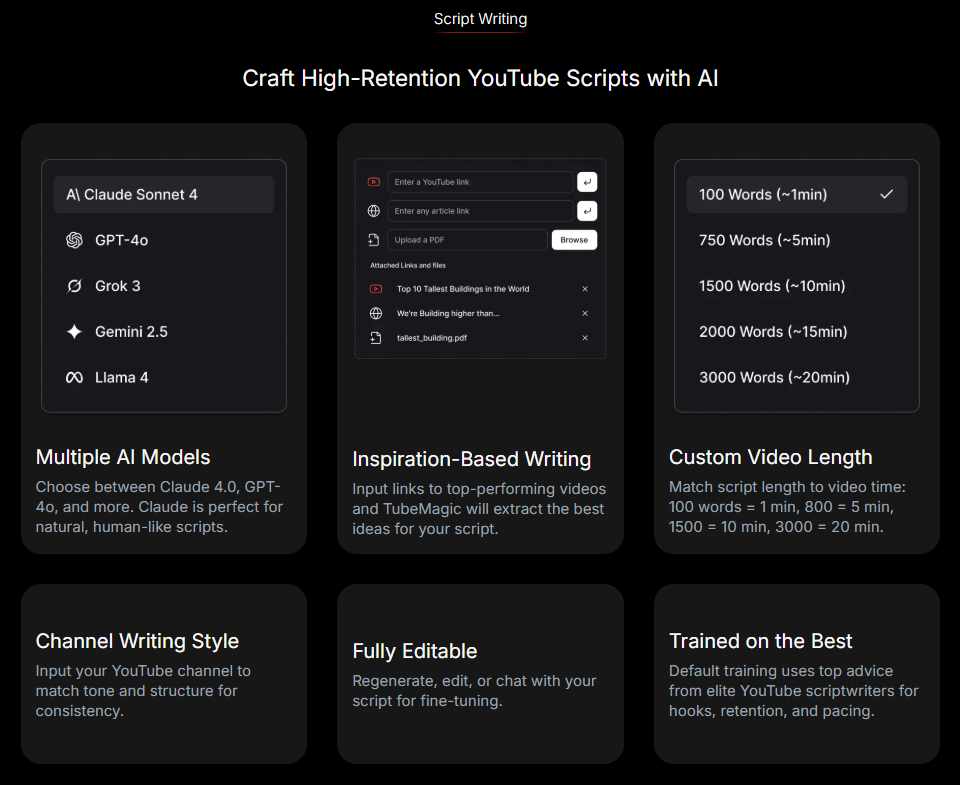 TubeMagic script writing configuration with AI model selection and length options