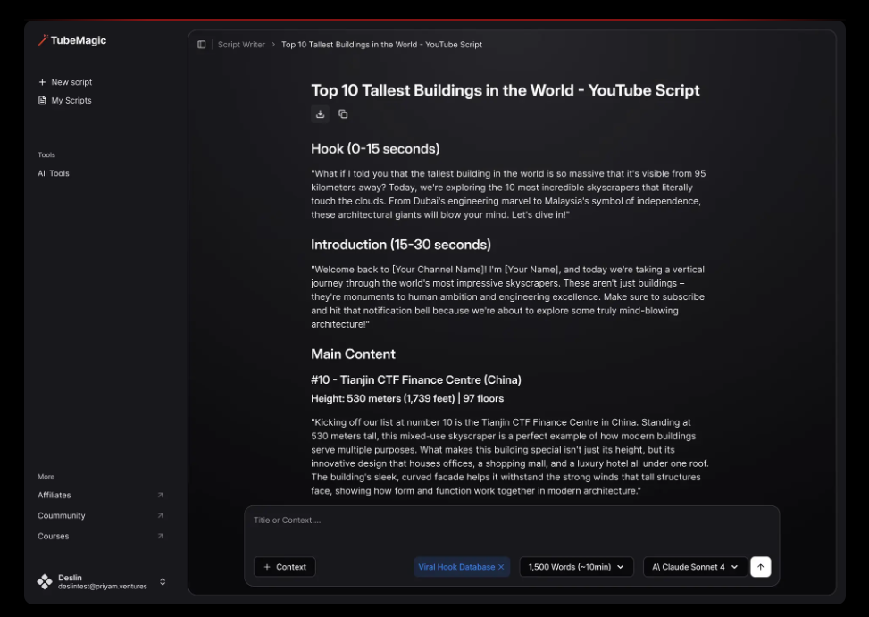 TubeMagic dashboard showing a generated YouTube script and script writer sidebar